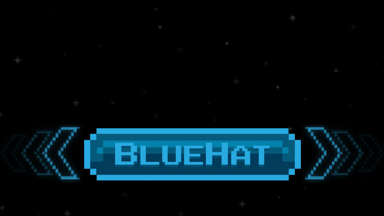 BlueHat, animation of a pixelated BlueHat button logo with glowing arrows on either side